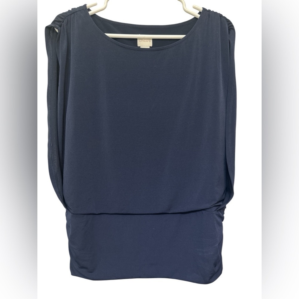 Chico's Blouse Navy Blue Sleeveless Slit Sleeves Stretch Ruched Hip
